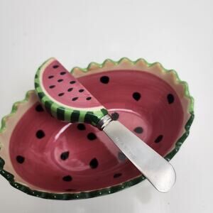 Secret Garden Stoneware Watermelon Dip Small Open Ceramic Bowl & Spreading Knife